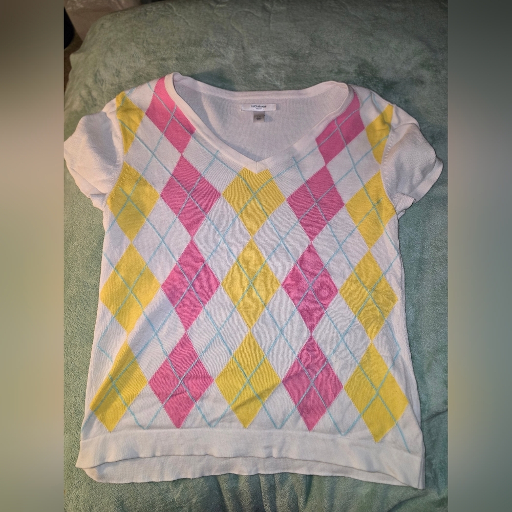 Vintage Liz Claiborne Argyle Tee - Pink, Yellow, and Blue